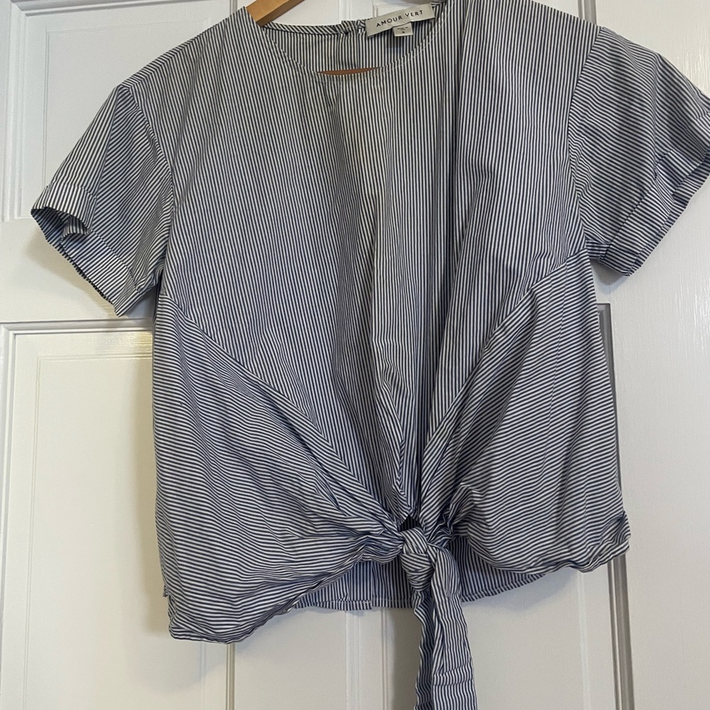 Amour Vert Light Blue VERY Stripe Tie Front Short Sleeve Blouse